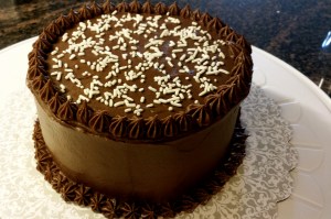 chocolate buttercream, frosted cake, piped frosting, sprinkles, best birthday cake