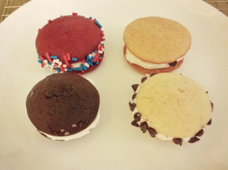 love of butter, red velvet whoopie pies, whoopie pies, classic whoopie pies, chocolate, chocolate chips, s'mores, marshmallow, banana cream, cream cheese, banana, memorial day, holiday, baking