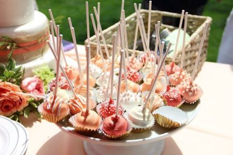 cake pops, vanilla, coral, peach, bridal shower, gold
